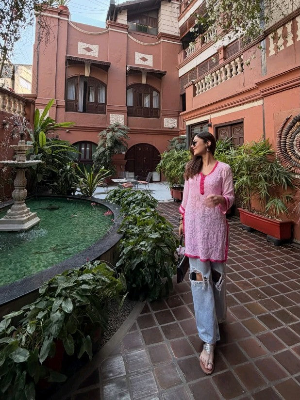 Short Viscose Lace Work Chikankari kurti