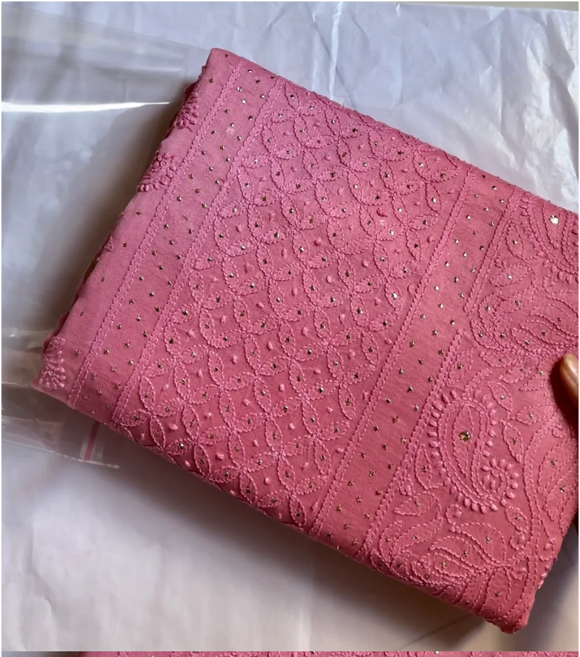 Vidushi peach pink Pure Chanderi silk chikankari saree
