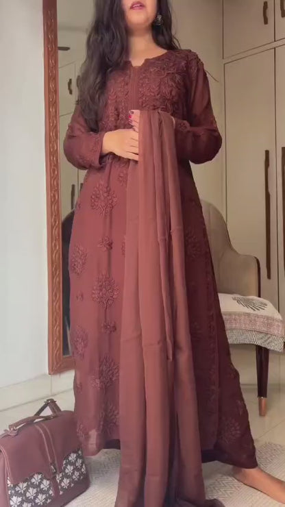 Brown Terracotta  Haniya -  Georgette Lucknowi Suit Set