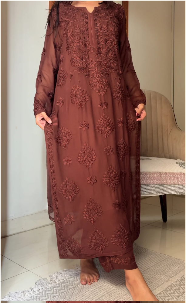 Brown Terracotta  Haniya -  Georgette Lucknowi Suit Set