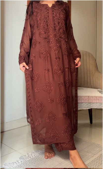 Brown Terracotta  Haniya -  Georgette Lucknowi Suit Set