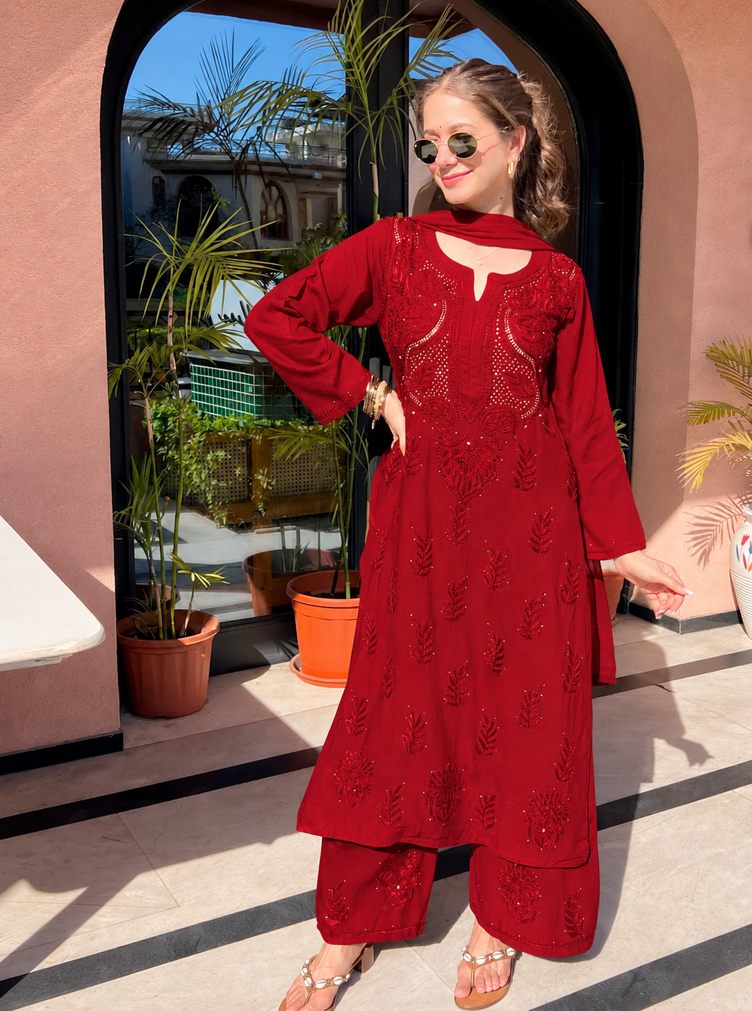 Aabha Soft Reyon Heavy Mukaish Embellished Chikankari Set