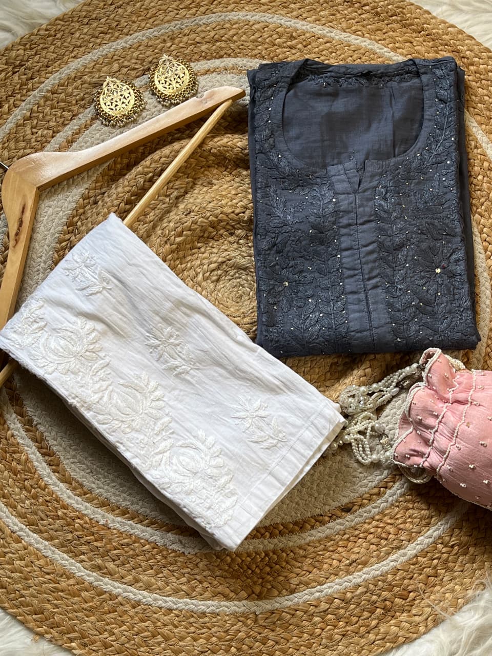 Chanderi Silk Mukaish Embellished Long Chikankari Kurta With Pant