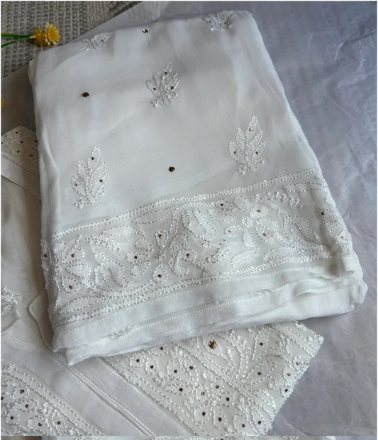 White Chand Jaal georgette Chikankari plazoo