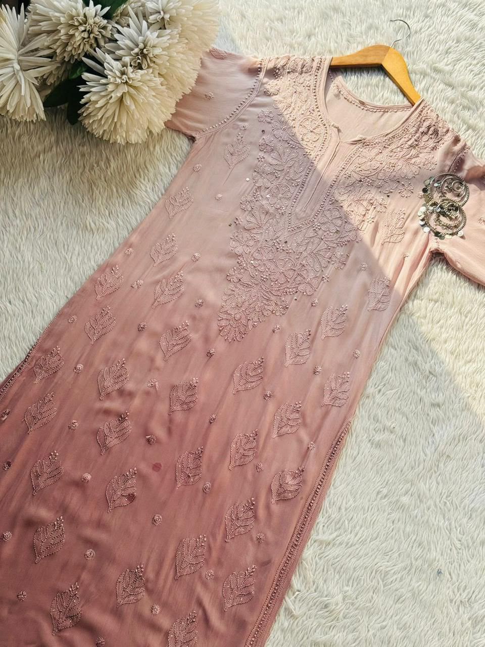 Dua Resham Gaala Butti Viscose Long chikankari