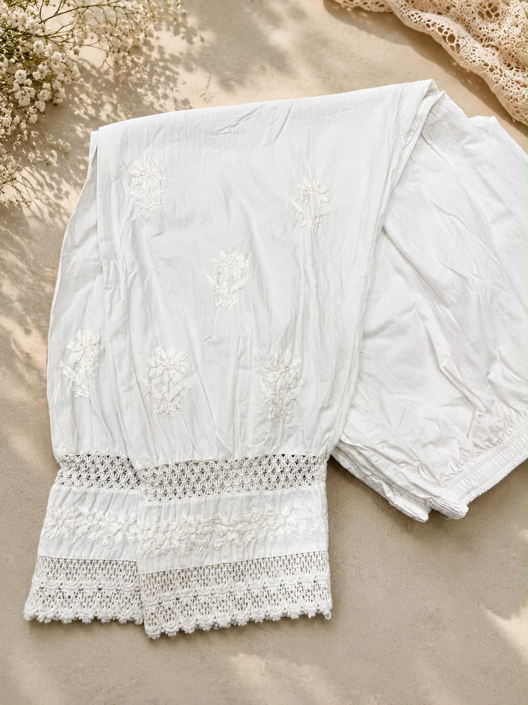White Afgani Chikankari Embroidered Pant