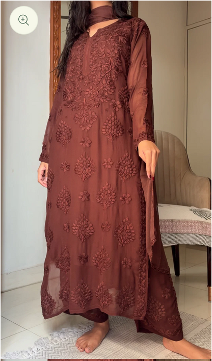Brown Terracotta  Haniya -  Georgette Lucknowi Suit Set