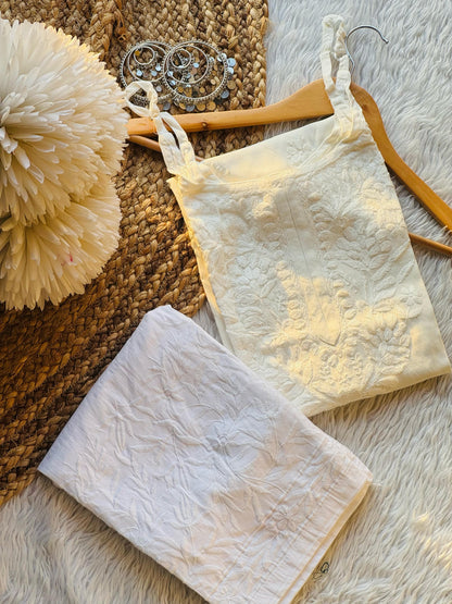 Noodle White Long Chikankari Kurti Bottom