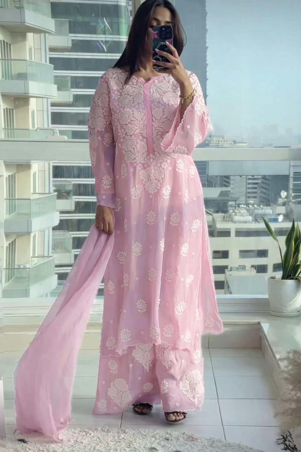 Pure Crepe Silk 3D Handembroidry Scallop Cutwork Kurta set