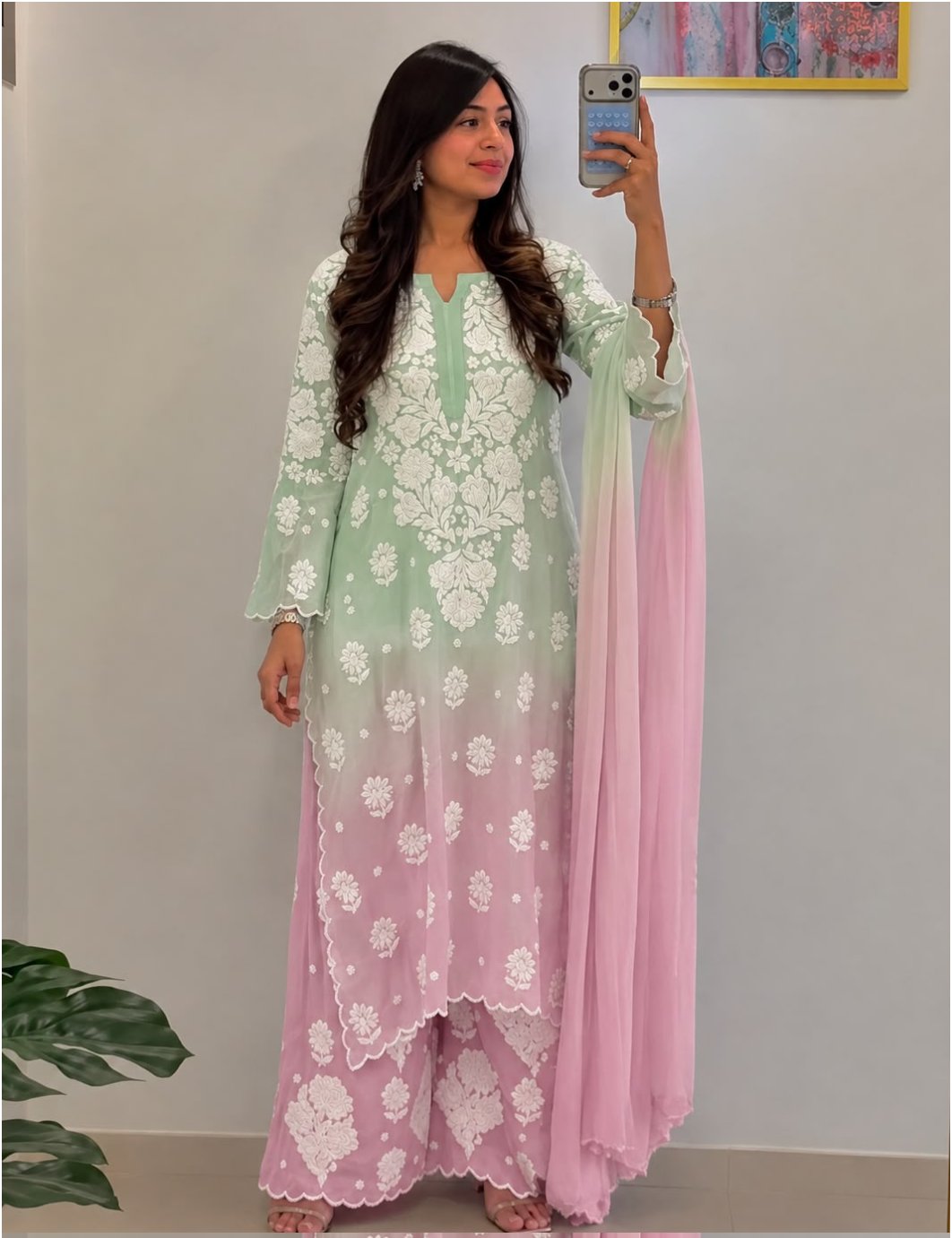 Cocktail Pure Crepe Silk 3D Handembroidred Chikankari Set