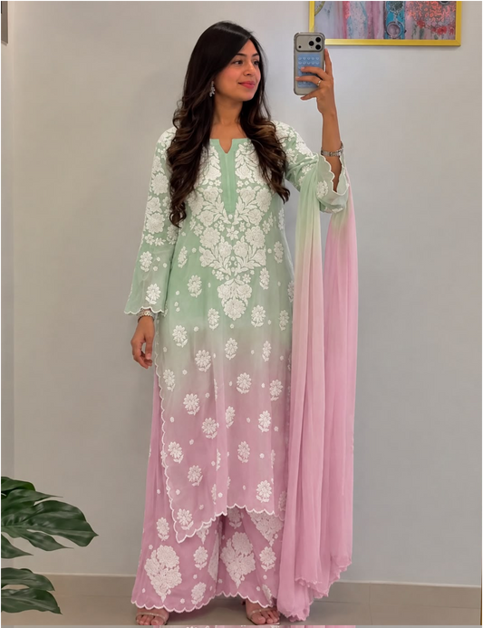 Cocktail Pure Crepe Silk 3D Handembroidred Chikankari Set