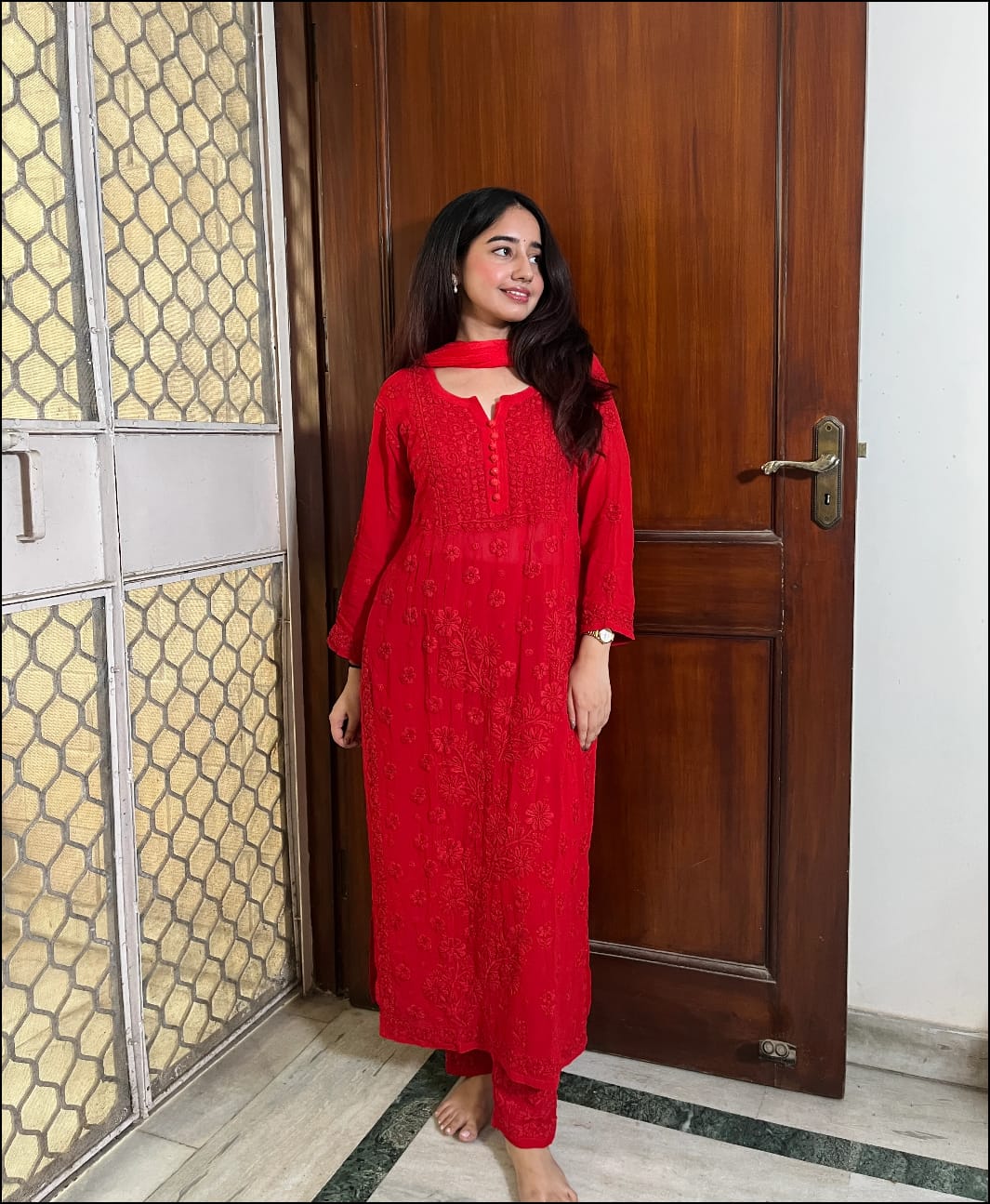 Heer sindoori Red 3D work Chikankari Suit Set