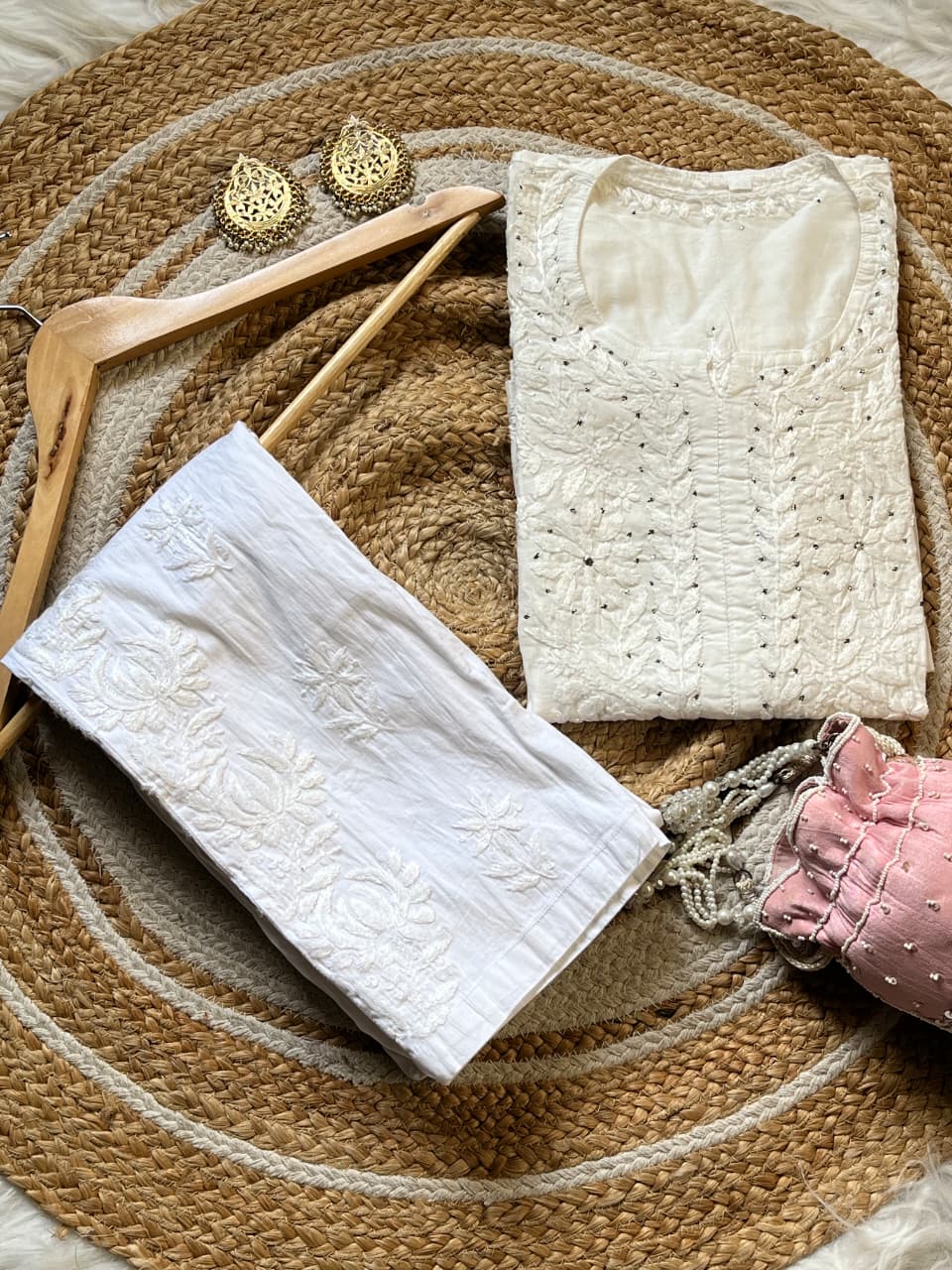 Chanderi Silk Mukaish Embellished Long Chikankari Kurta With Pant
