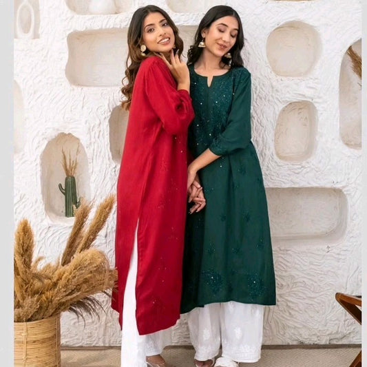 Moksha Soft Cotton Long Mukaish Embellished Chikankari Kurti