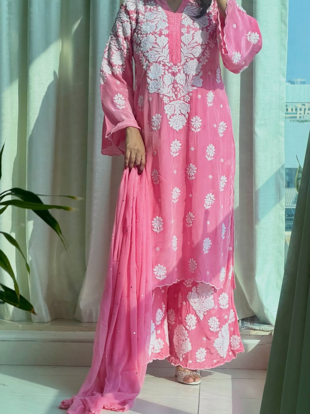 Pure Crepe Silk 3D Handembroidry Scallop Cutwork Kurta set