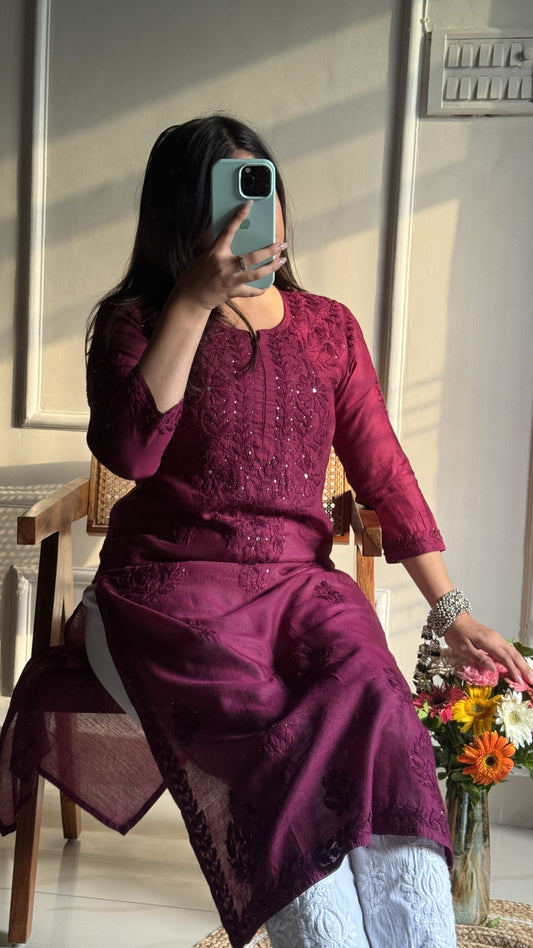 Mohini Chanderi Silk Mukaish Embellished Long Chikankari Kurta With Pant