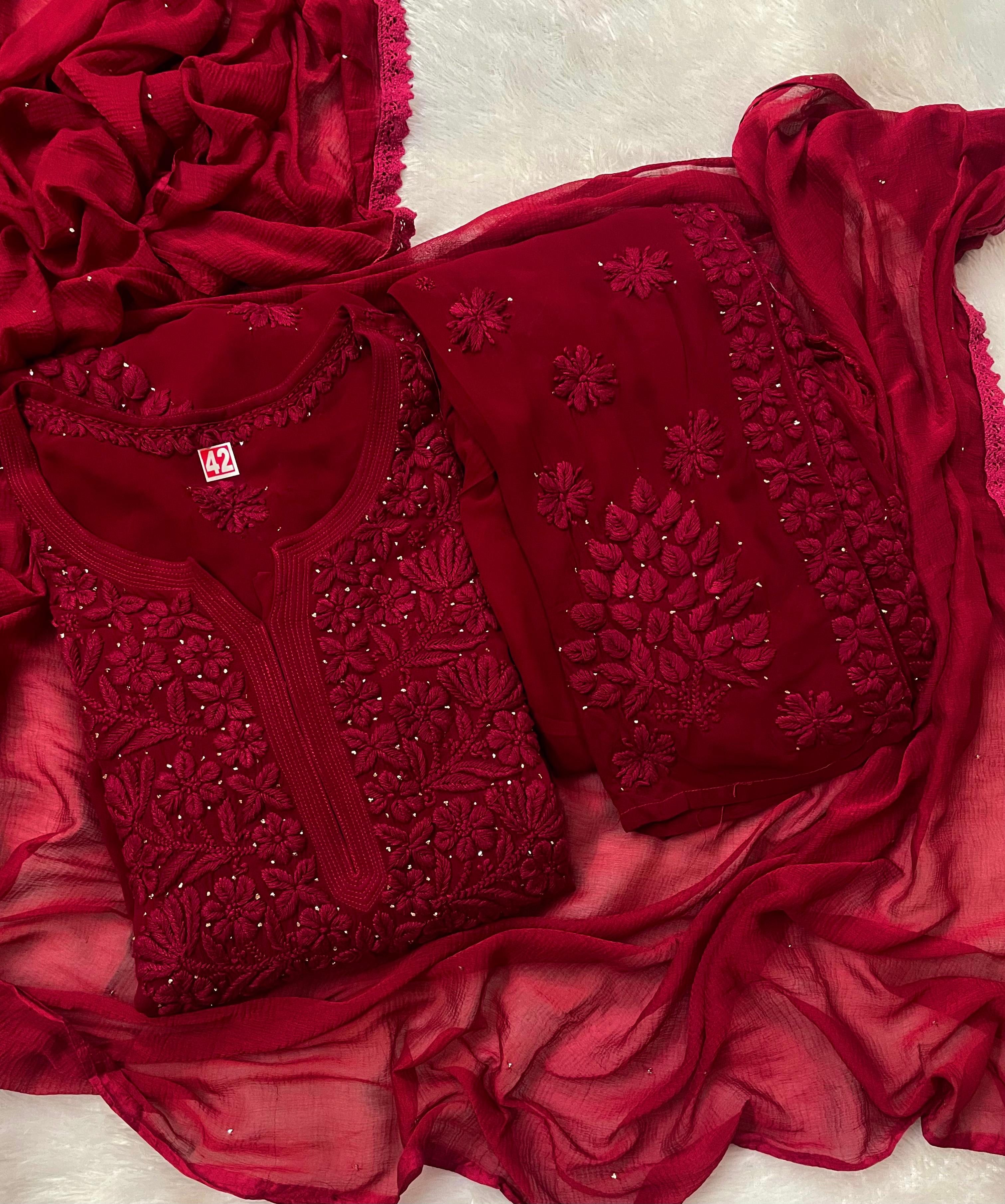 Pure Viscose Georgette 3D Handembroidred Suit Set