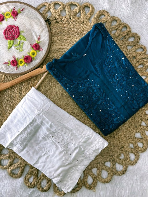 Moksha Soft Cotton Long Mukaish Embellished Chikankari Kurti