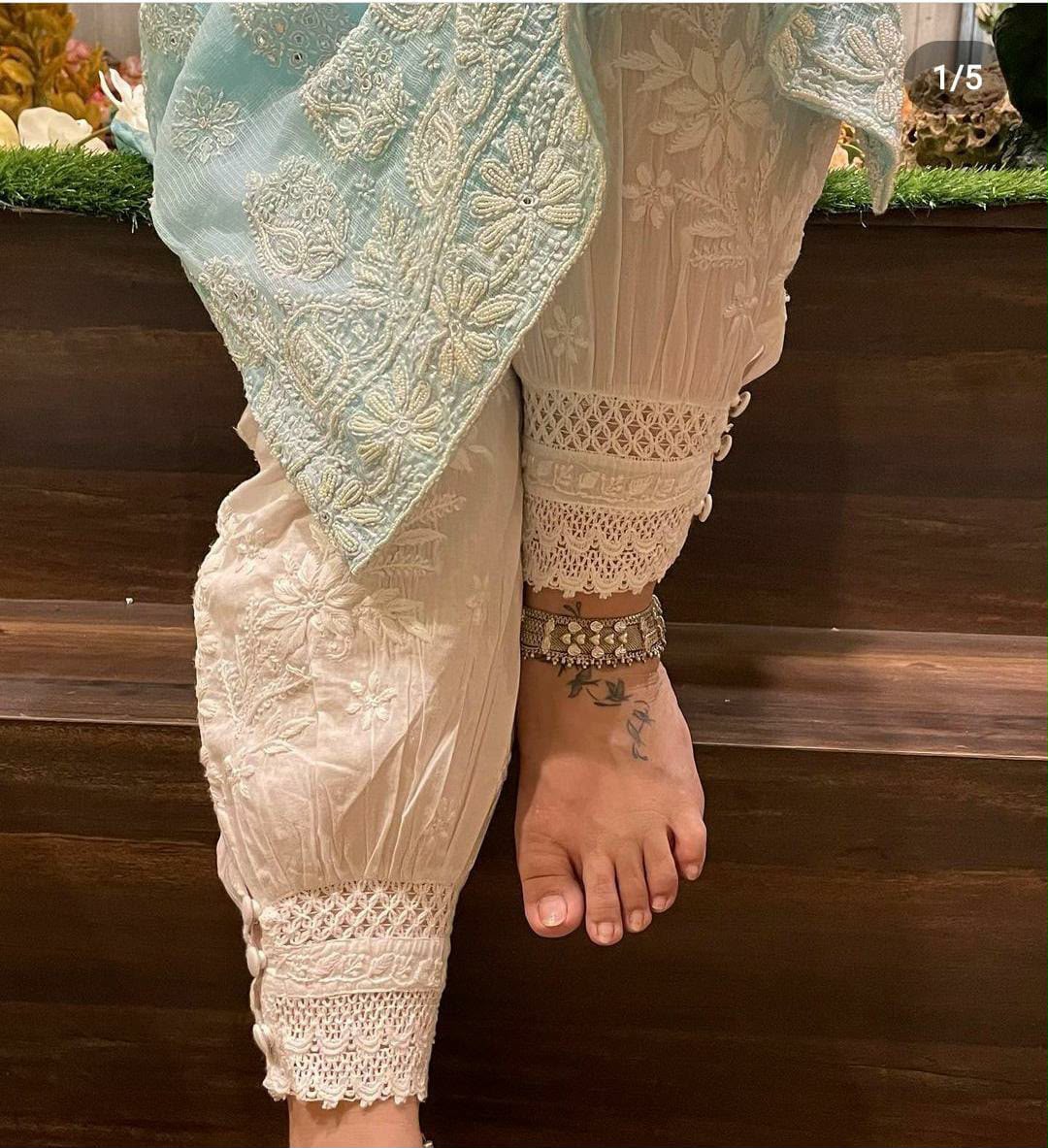 White Afgani Chikankari Embroidered Pant