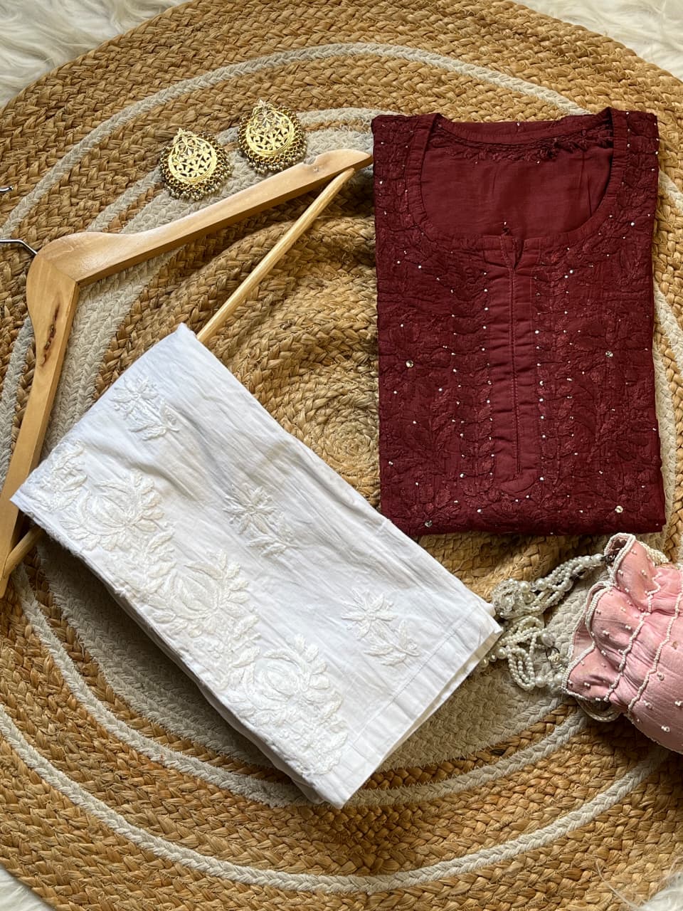 Chanderi Silk Mukaish Embellished Long Chikankari Kurta With Pant