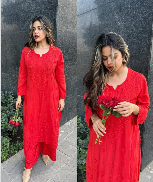 Sindoori Red Cotton Chikankari Kurta Set