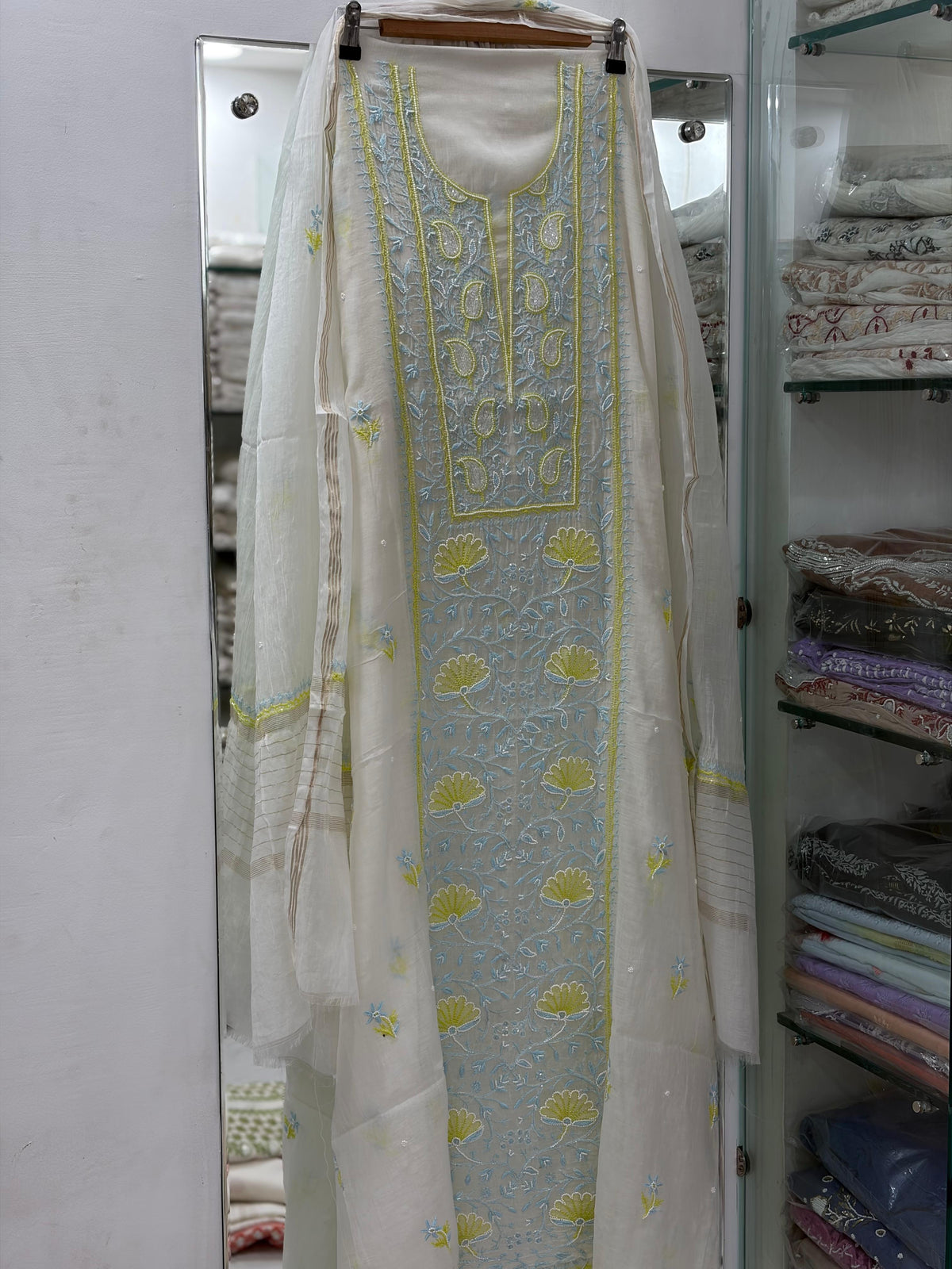 Unstitched Pure Chanderi Chikankari Suit Set