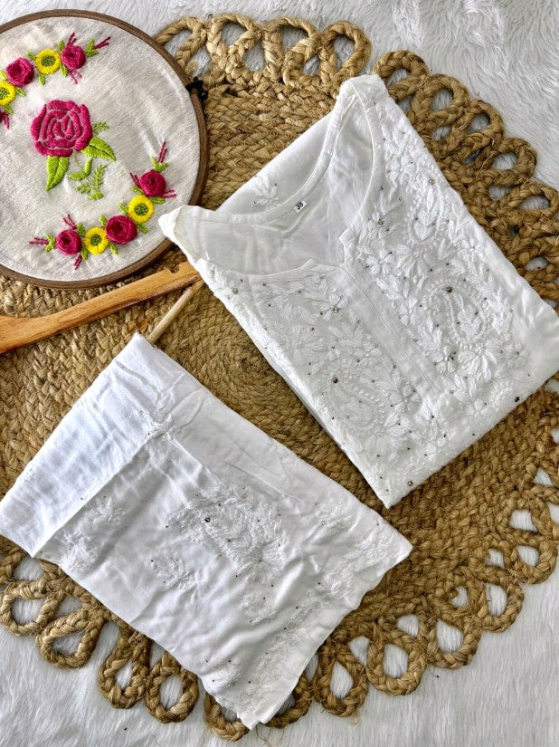 Moksha Soft Cotton Long Mukaish Embellished Chikankari Kurti