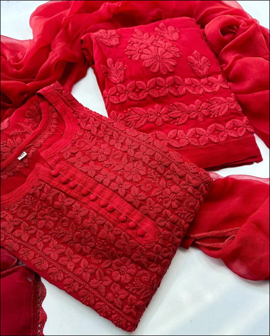 Heer sindoori Red 3D work Chikankari Suit Set