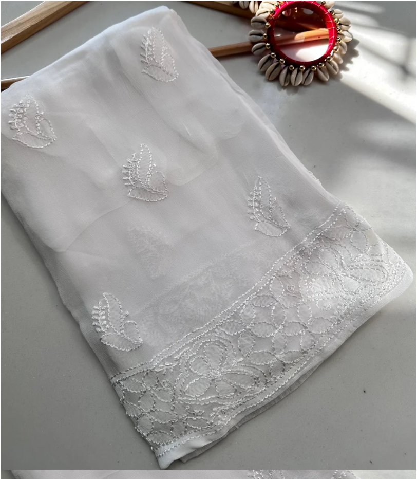 White Chand Jaal georgette Chikankari plazoo