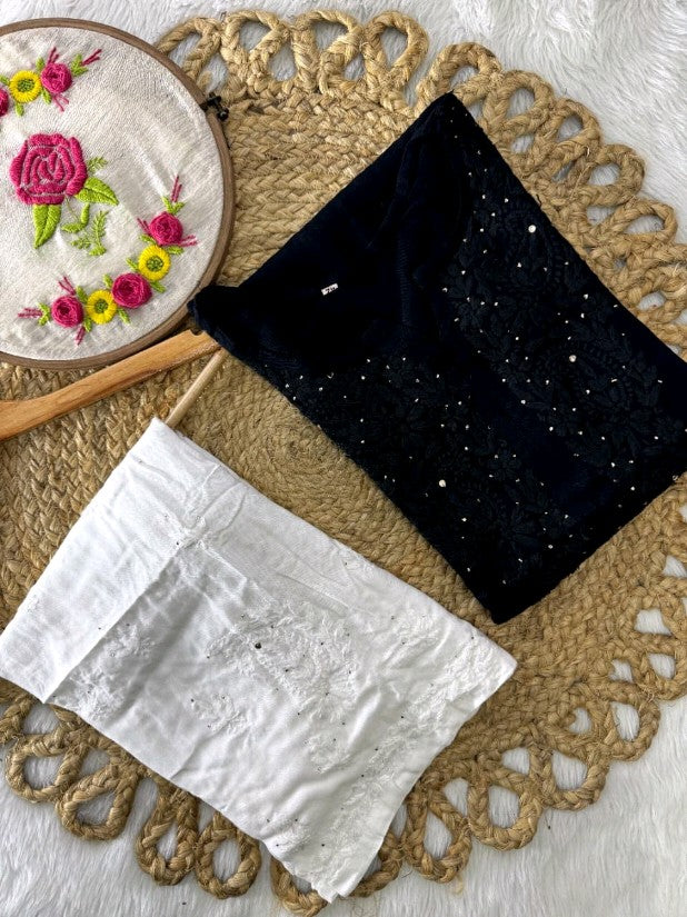Moksha Soft Cotton Long Mukaish Embellished Chikankari Kurti