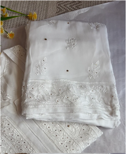 White Chand Jaal georgette Chikankari plazoo