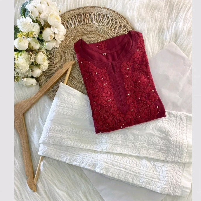 Moksha Soft Cotton Long Mukaish Embellished Chikankari Kurti