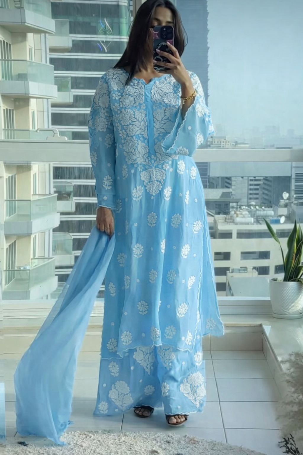 Pure Crepe Silk 3D Handembroidry Scallop Cutwork Kurta set