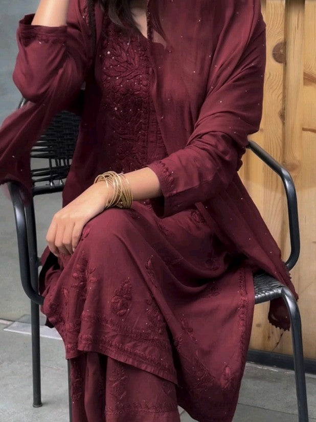Brown Nedha Inspired Chikankari Mukaish Set