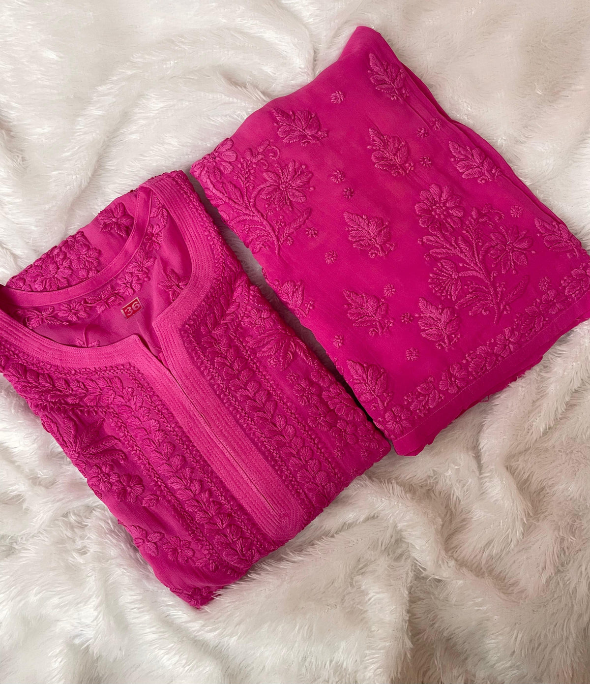 Hot Pink viscose georgette 3d Handembroidred Suit Set