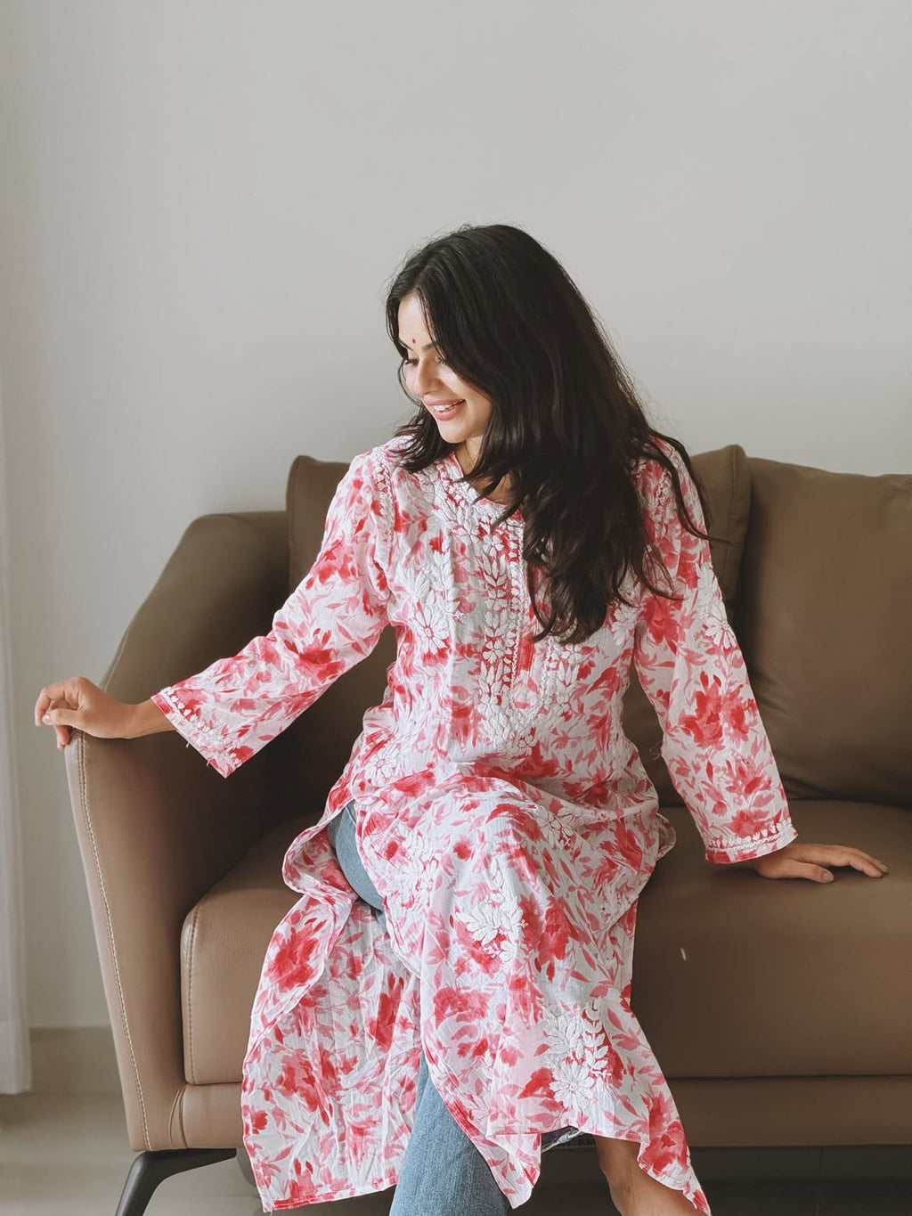 Ahana Mulmul Cotton Chikankari Long Kurta