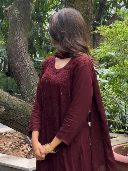Brown Nedha Inspired Chikankari Mukaish Set