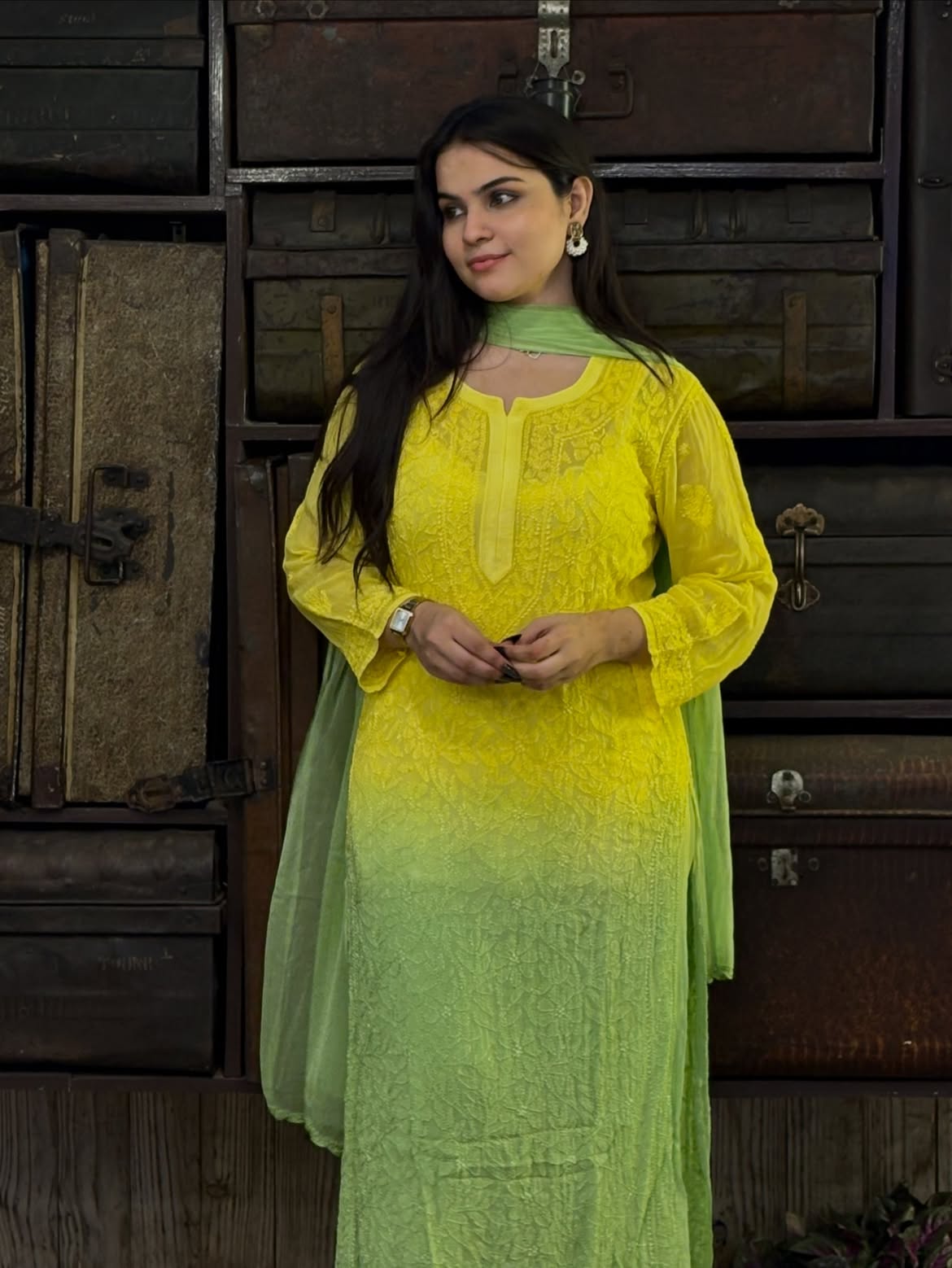 Inayat Viscose Resham Jaal Chikankari Ombre 3PC Long Kurta Set