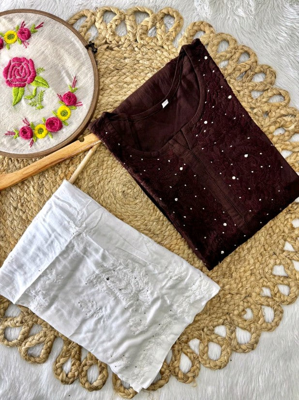 Moksha Soft Cotton Long Mukaish Embellished Chikankari Kurti