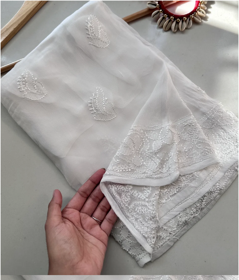 White Chand Jaal georgette Chikankari plazoo
