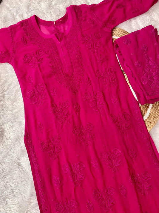 Hot Pink viscose georgette 3d Handembroidred Suit Set