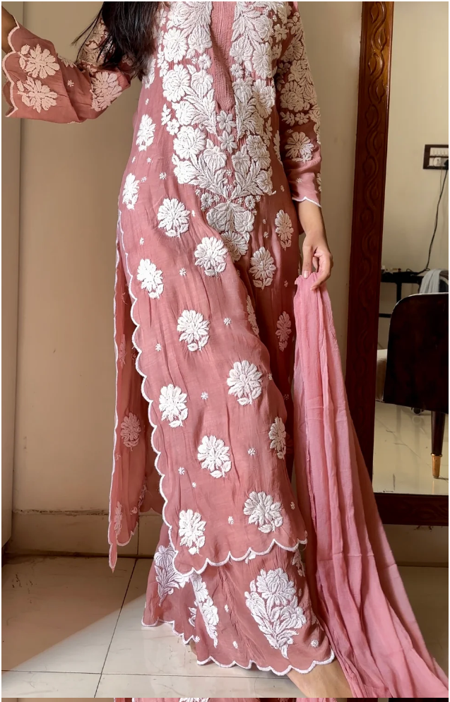 Pure Crepe Silk 3D Hand embroidery Scallop Cutwork Kurta set