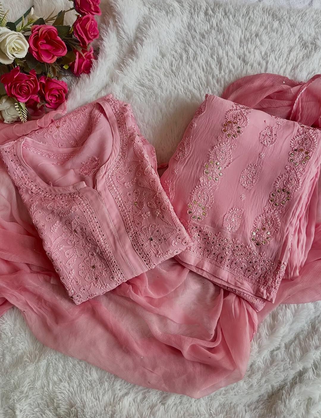 Rosy Pure Viscose Full Jaal Mukaish Set