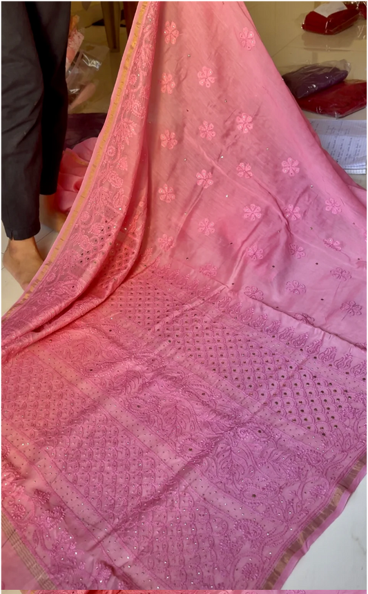 Vidushi peach pink Pure Chanderi silk chikankari saree