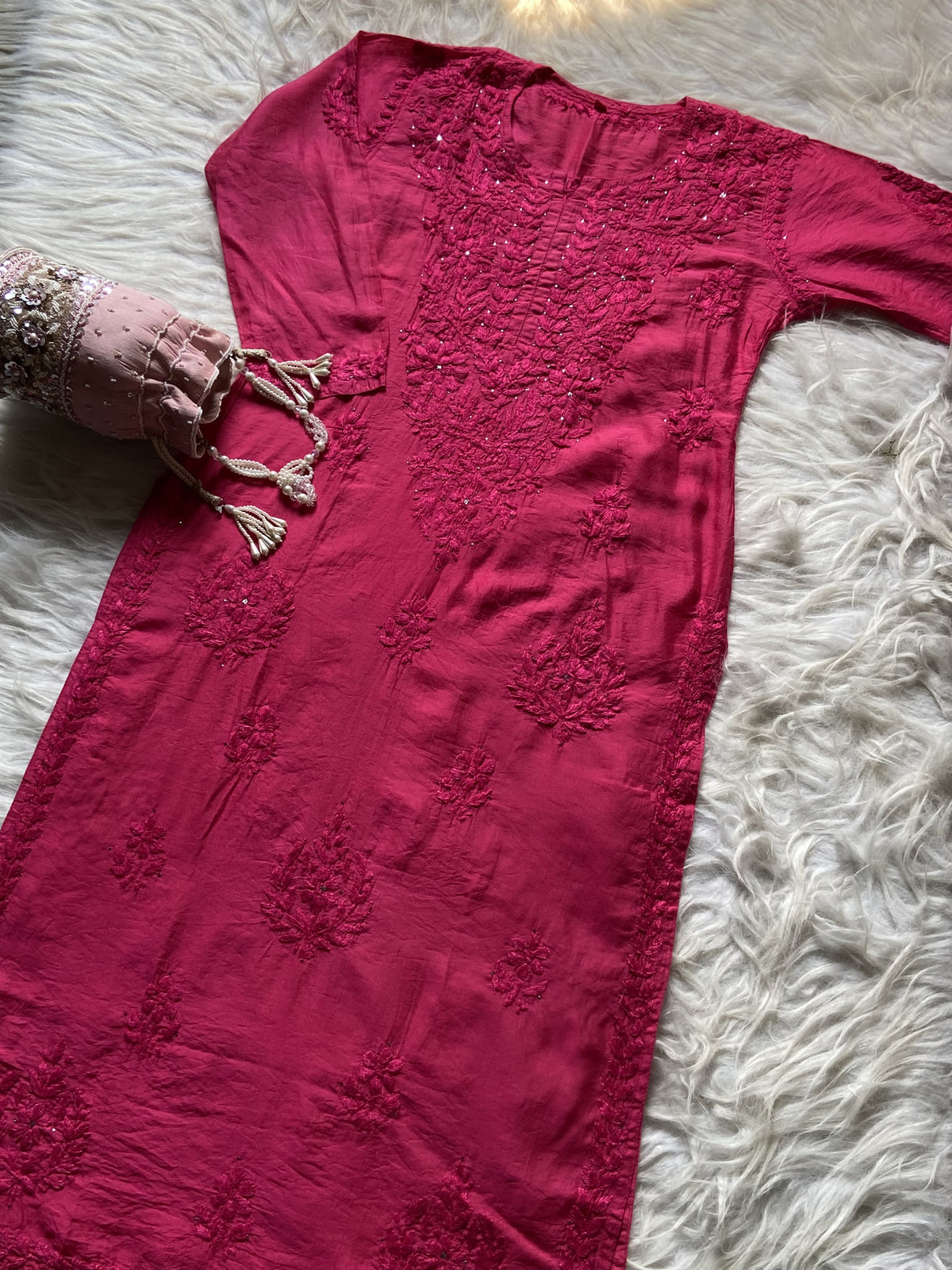 Mohini Chanderi Silk Mukaish Embellished Long Chikankari Kurta With Pant