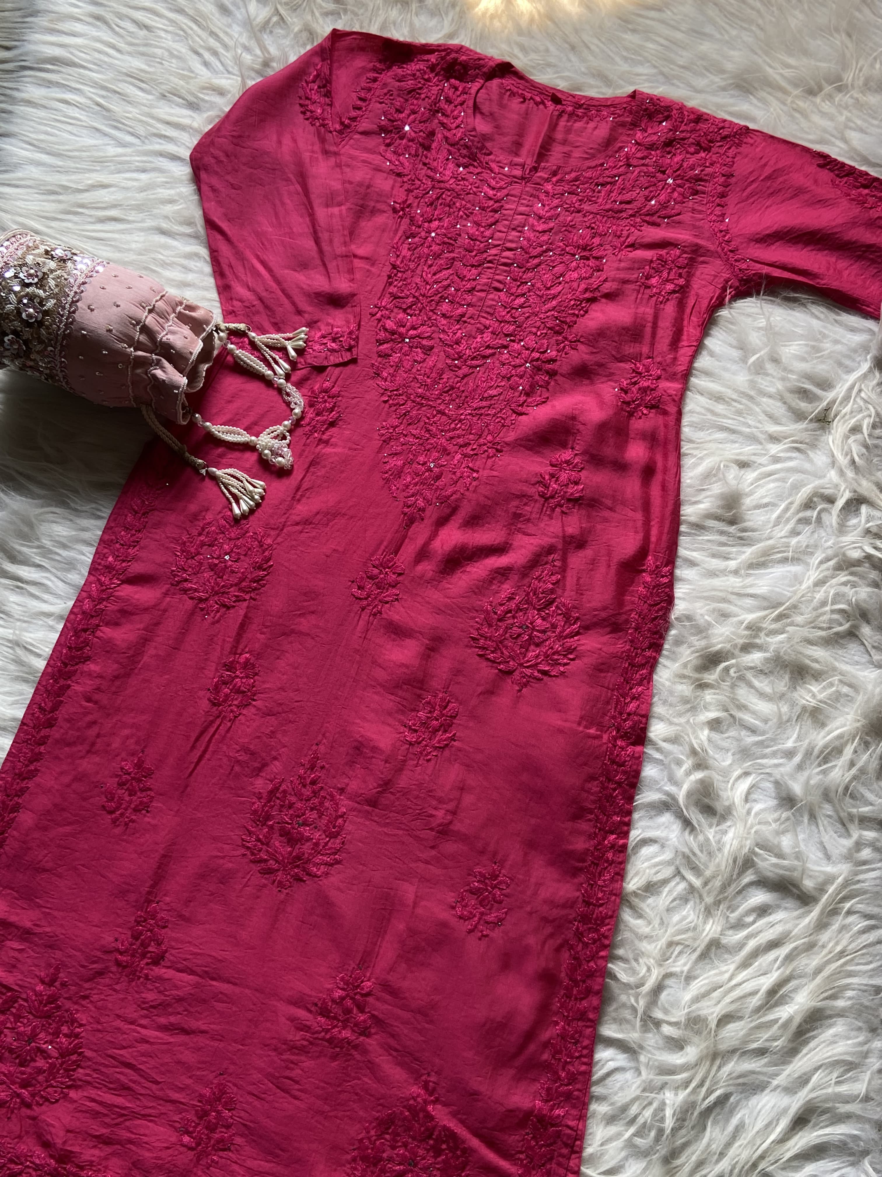 Chanderi Silk Mukaish Embellished Long Chikankari Kurta With Pant