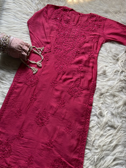 Mohini Chanderi Silk Mukaish Embellished Long Chikankari Kurta With Pant