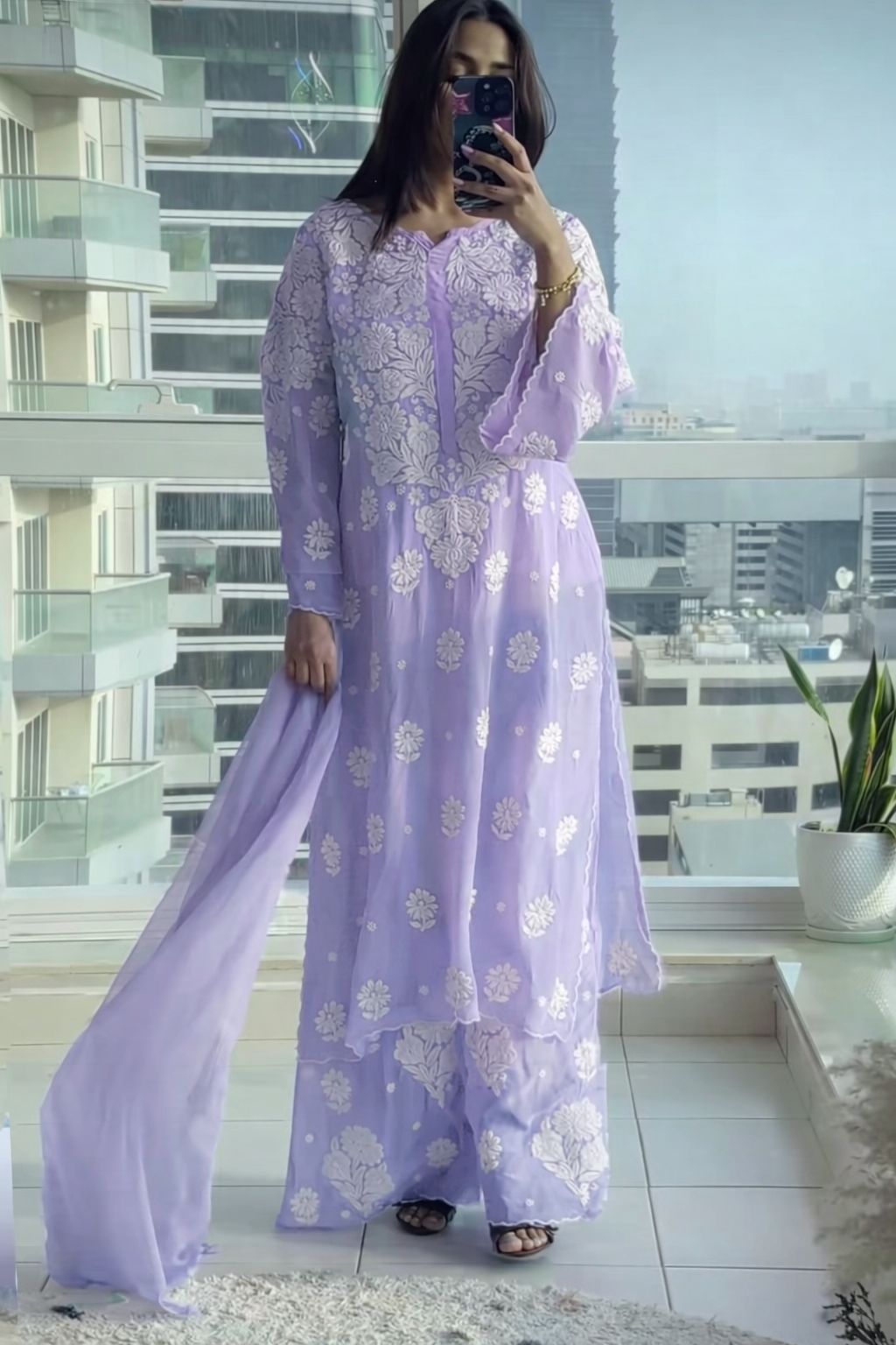 Pure Crepe Silk 3D Handembroidry Scallop Cutwork Kurta set