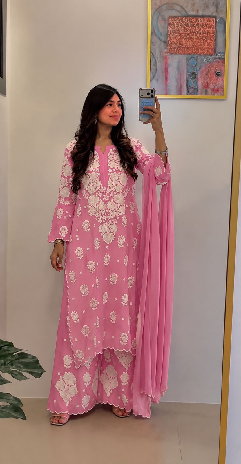 Cocktail Pure Crepe Silk 3D Handembroidred Chikankari Set