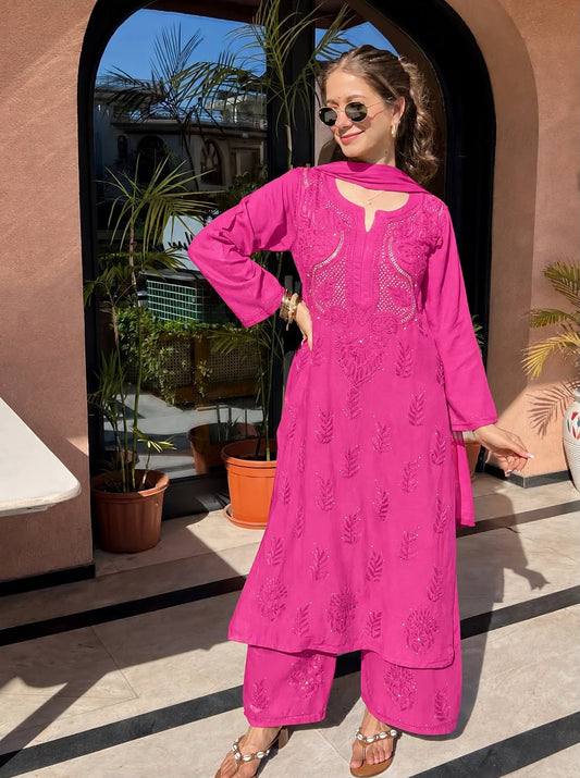 Aabha Soft Reyon Heavy Mukaish Embellished Chikankari Set